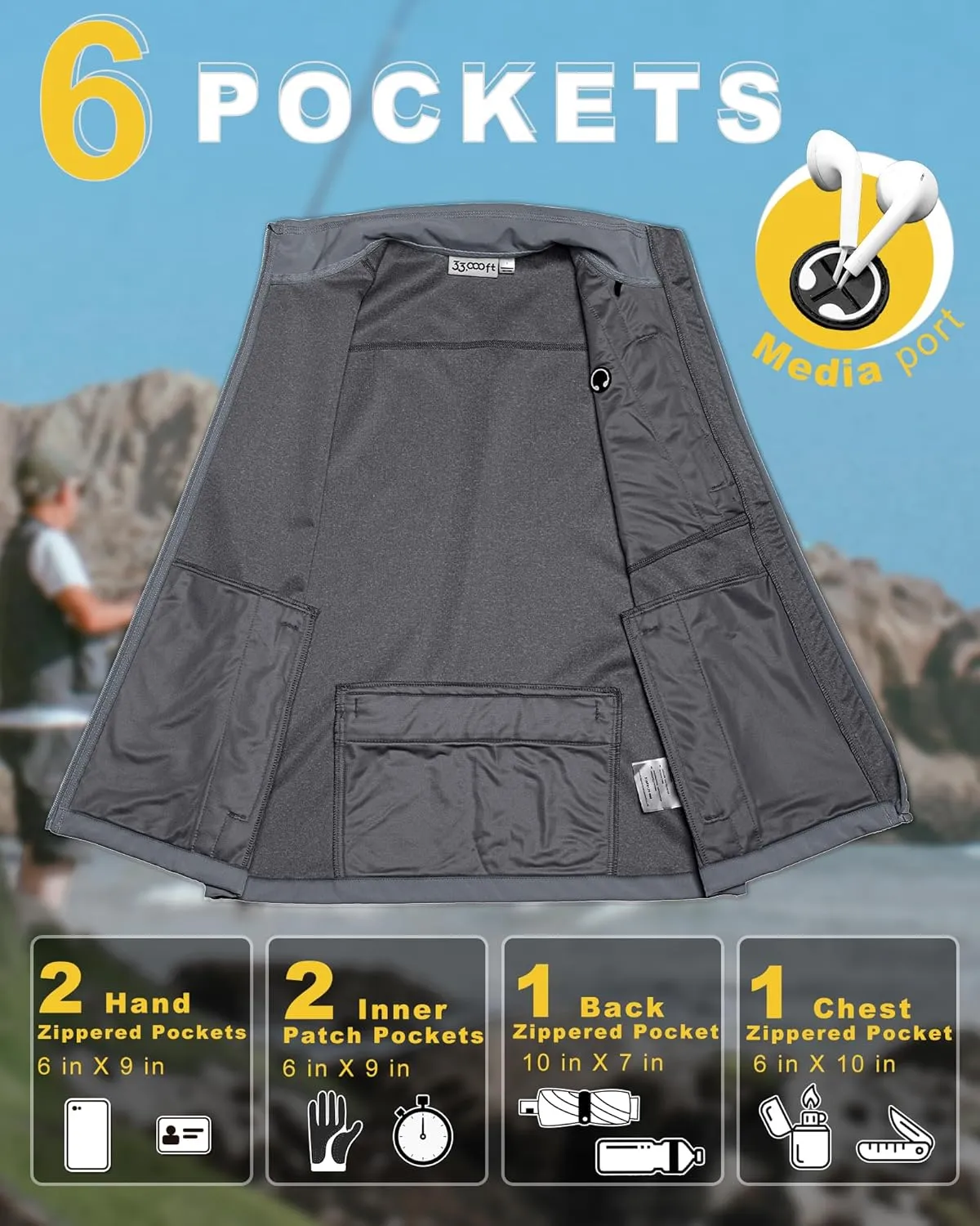 33,000ft Men's Windproof Lightweight Golf Vest Outerwear with Pockets, Softshell Sleeveless Jacket for Running Hiking Sports