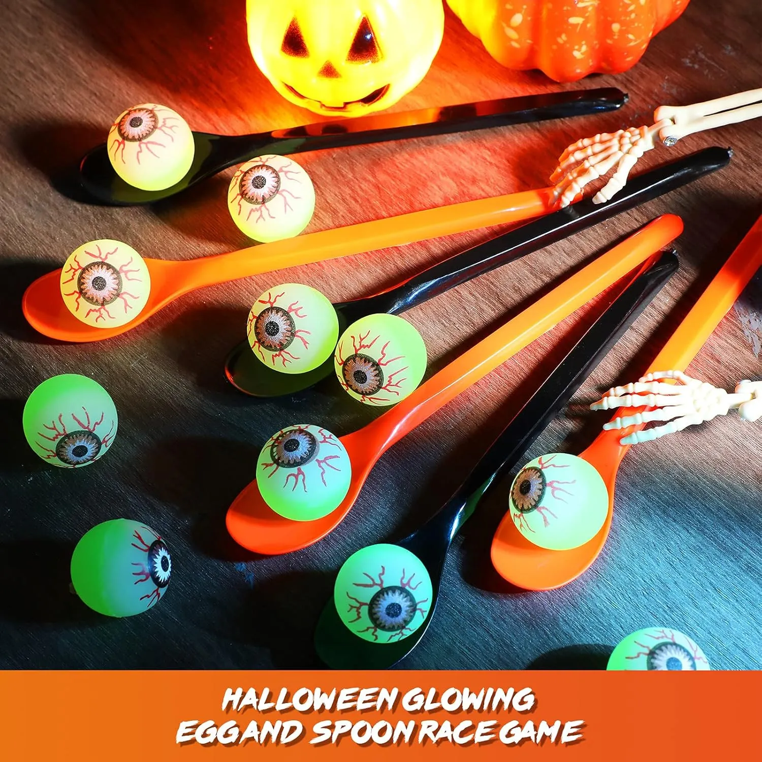 36 Pieces Halloween Egg and Spoon Race Game Set Egg and Spoon Relay Game 18 Halloween Glow in The Dark Bouncing Balls 18 Spoons for Outdoor Games for Kids Adults(Eyeball Style)