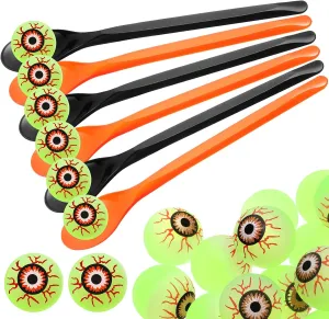 36 Pieces Halloween Egg and Spoon Race Game Set Egg and Spoon Relay Game 18 Halloween Glow in The Dark Bouncing Balls 18 Spoons for Outdoor Games for Kids Adults(Eyeball Style)