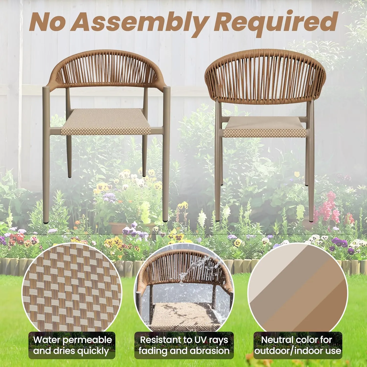 4 Pcs Stackable Patio Dining Chairs, Aluminum Rattan Outdoor Dining Chair with Arms, Woven Rope Garden Armchair Metal No Assembly for Bistro Balcony Porch Deck Yard Cafe Restaurant, Light Brown