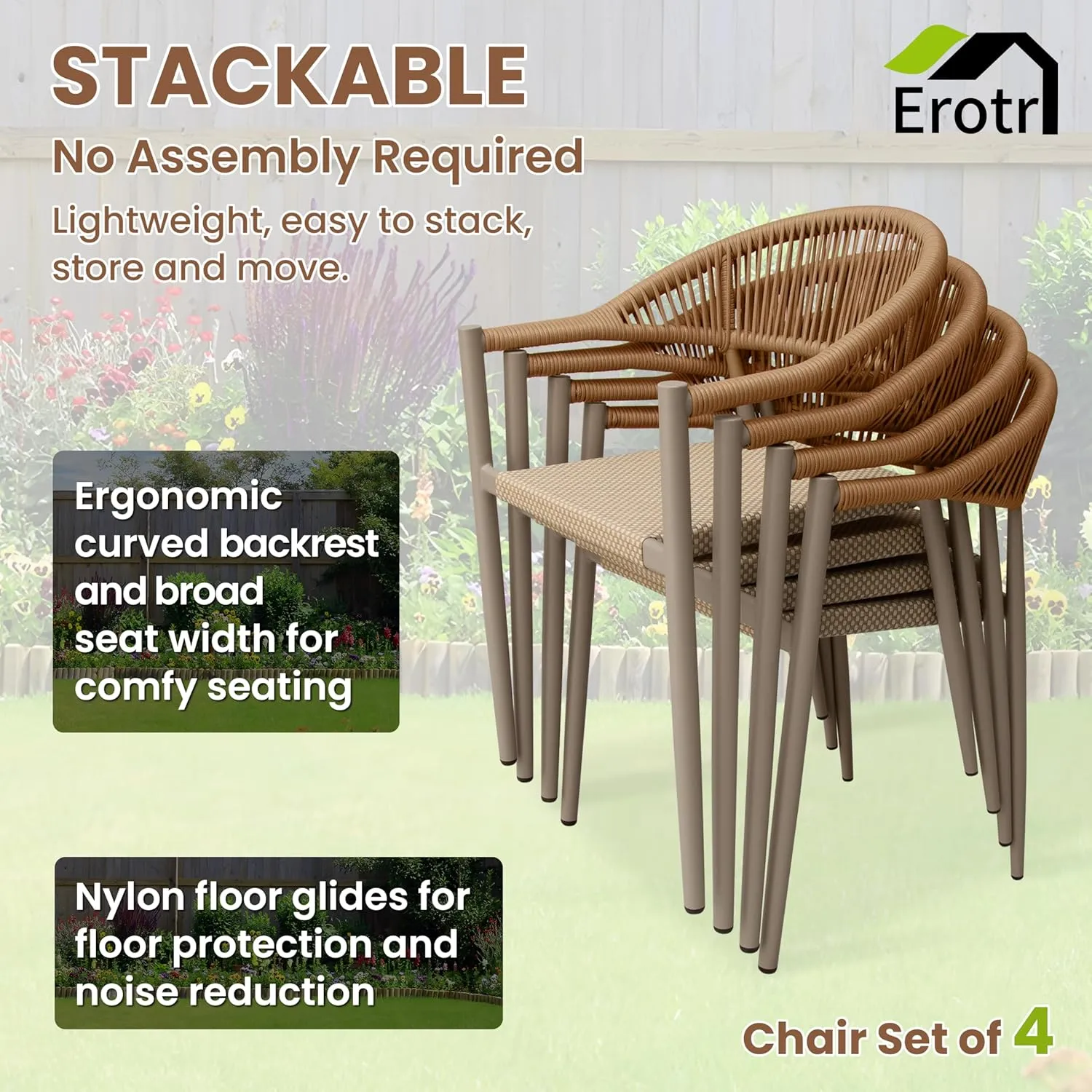 4 Pcs Stackable Patio Dining Chairs, Aluminum Rattan Outdoor Dining Chair with Arms, Woven Rope Garden Armchair Metal No Assembly for Bistro Balcony Porch Deck Yard Cafe Restaurant, Light Brown