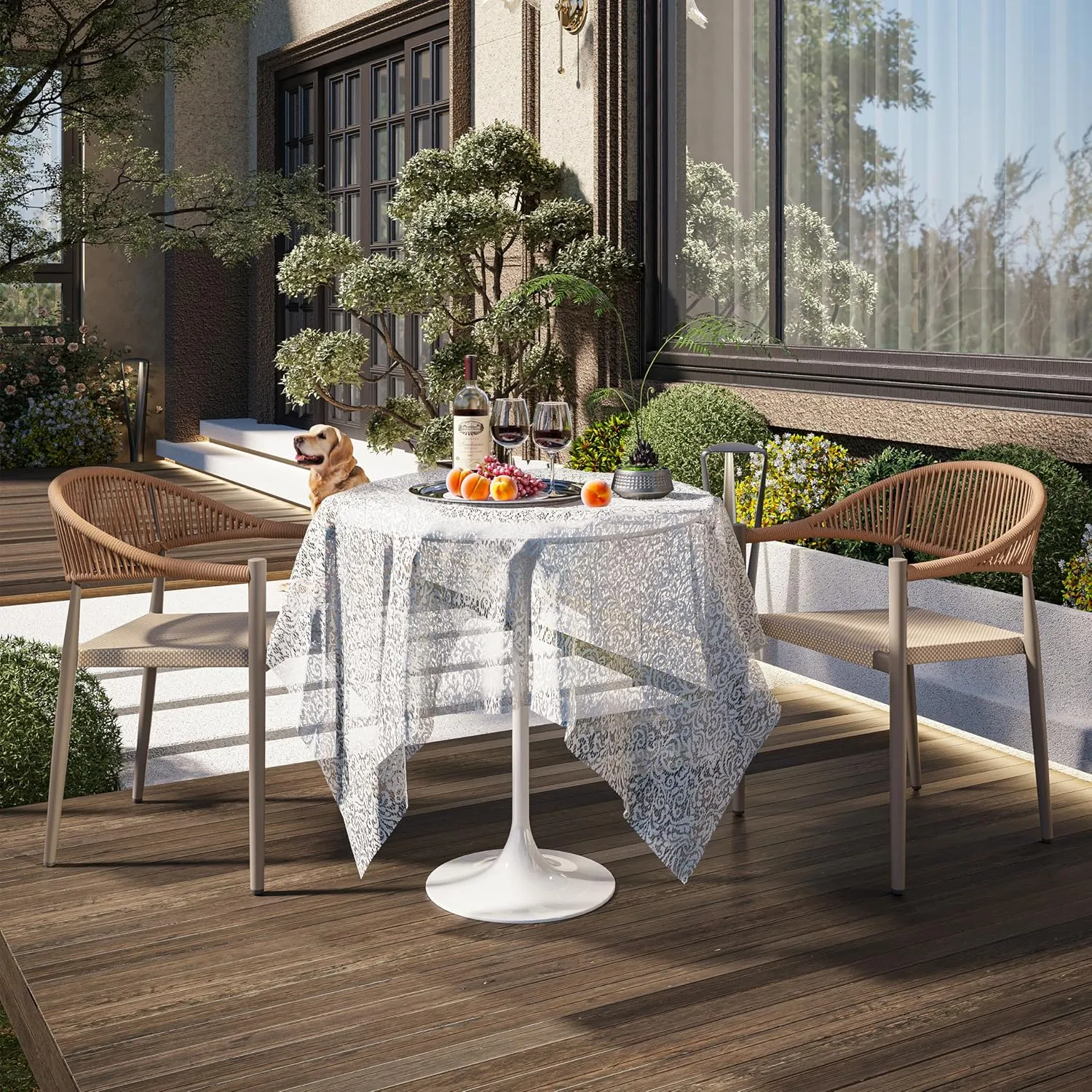 4 Pcs Stackable Patio Dining Chairs, Aluminum Rattan Outdoor Dining Chair with Arms, Woven Rope Garden Armchair Metal No Assembly for Bistro Balcony Porch Deck Yard Cafe Restaurant, Light Brown
