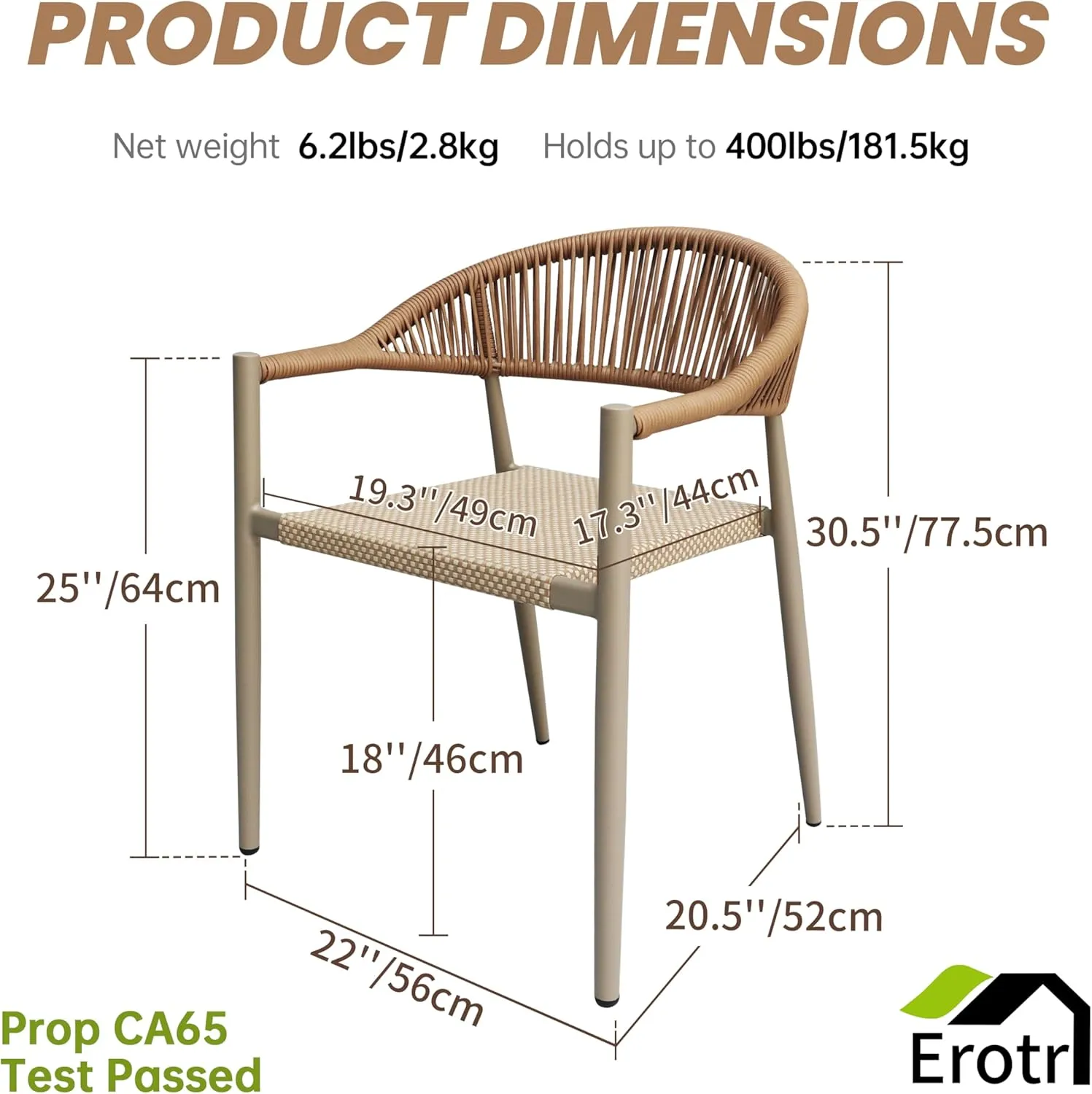 4 Pcs Stackable Patio Dining Chairs, Aluminum Rattan Outdoor Dining Chair with Arms, Woven Rope Garden Armchair Metal No Assembly for Bistro Balcony Porch Deck Yard Cafe Restaurant, Light Brown