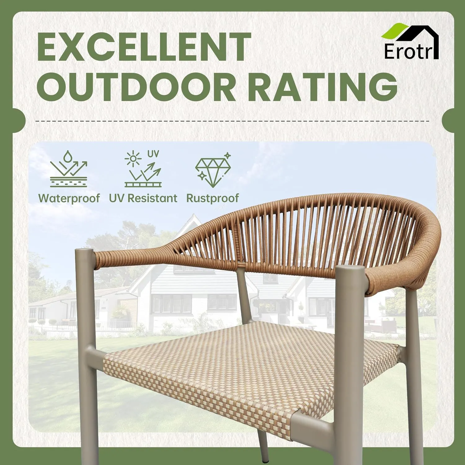 4 Pcs Stackable Patio Dining Chairs, Aluminum Rattan Outdoor Dining Chair with Arms, Woven Rope Garden Armchair Metal No Assembly for Bistro Balcony Porch Deck Yard Cafe Restaurant, Light Brown