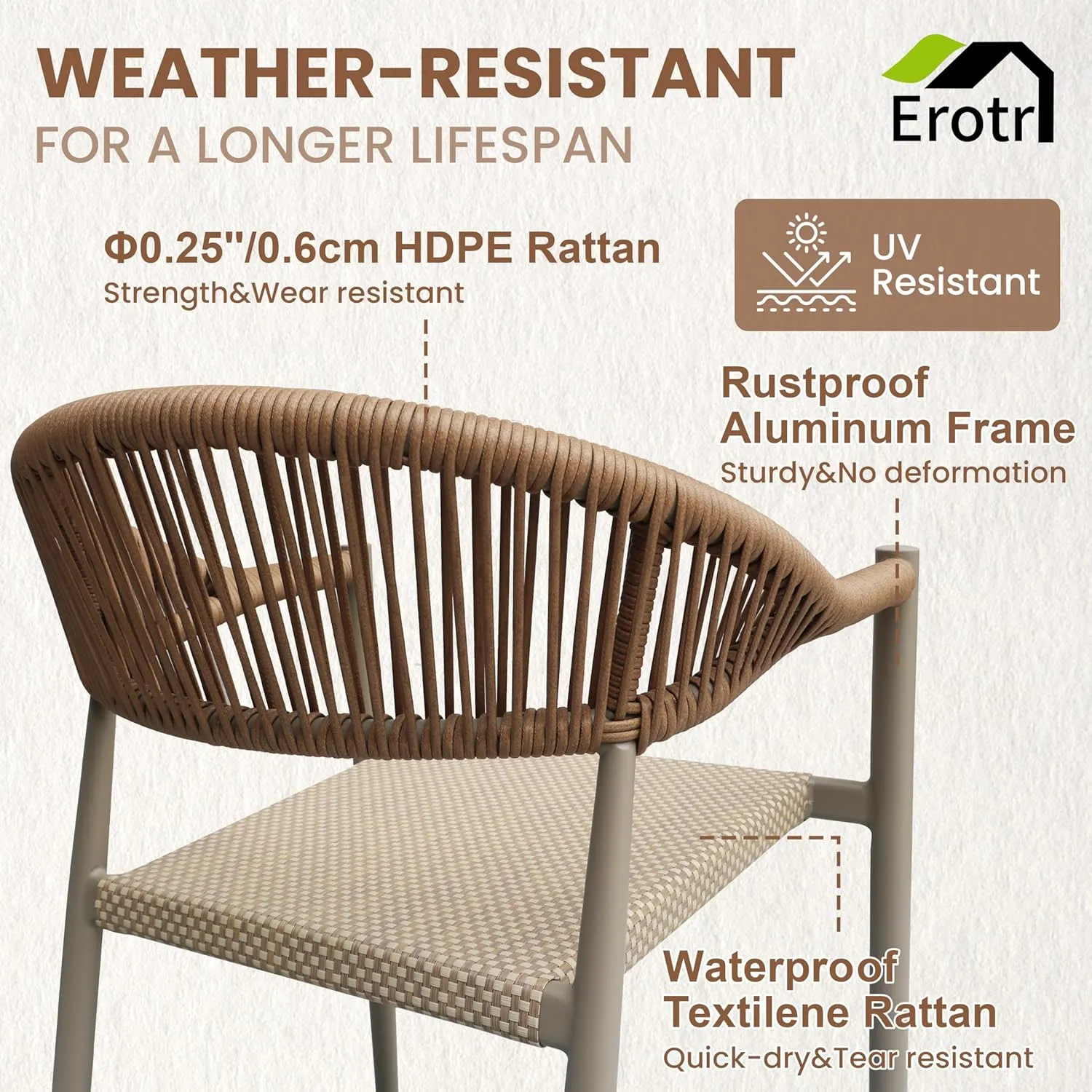 4 Pcs Stackable Patio Dining Chairs, Aluminum Rattan Outdoor Dining Chair with Arms, Woven Rope Garden Armchair Metal No Assembly for Bistro Balcony Porch Deck Yard Cafe Restaurant, Light Brown