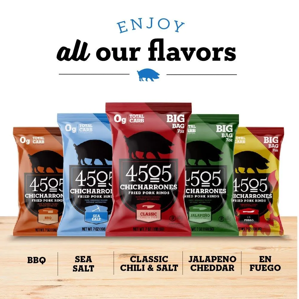 4505 Meats Sea Salt Chicharrones, Fried Pork Rinds, Keto Certified, Family Size Bag, 14 Servings, 7 Ounce