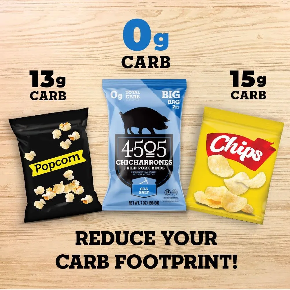 4505 Meats Sea Salt Chicharrones, Fried Pork Rinds, Keto Certified, Family Size Bag, 14 Servings, 7 Ounce