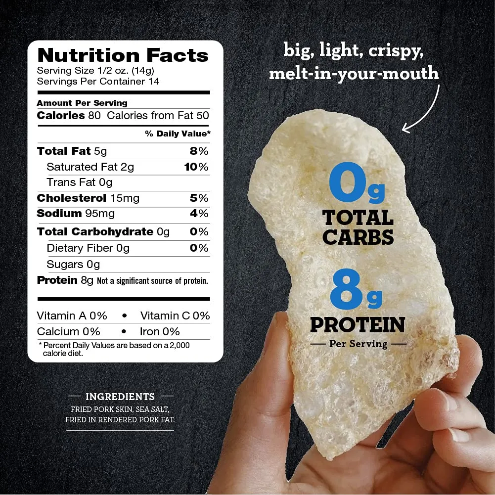 4505 Meats Sea Salt Chicharrones, Fried Pork Rinds, Keto Certified, Family Size Bag, 14 Servings, 7 Ounce