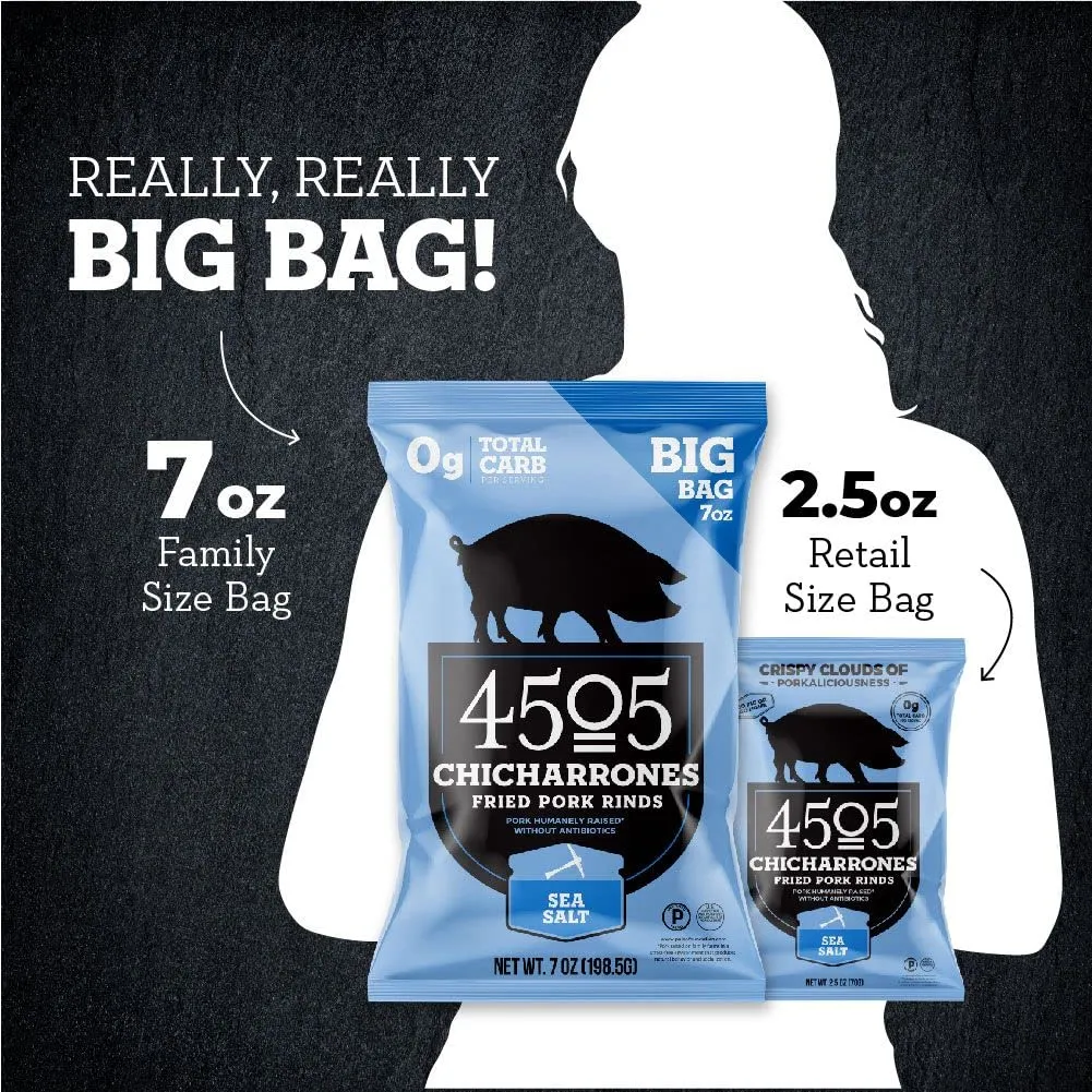 4505 Meats Sea Salt Chicharrones, Fried Pork Rinds, Keto Certified, Family Size Bag, 14 Servings, 7 Ounce