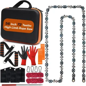 56 Inch High Limb Rope Saw, Hand Chainsaw with 72 Sharp Teeth Blades on Both Sides, Hand Rope Chain Saw Kit Includes Ergonomic Handles, Hand Straps and Storage Case, Manual Tree Limb Cutter