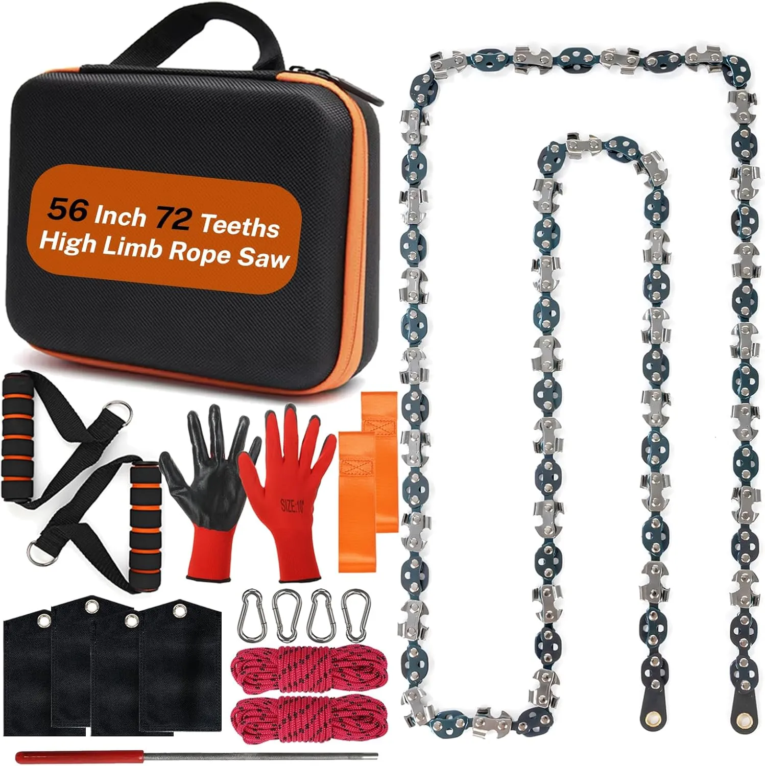 56 Inch High Limb Rope Saw, Hand Chainsaw with 72 Sharp Teeth Blades on Both Sides, Hand Rope Chain Saw Kit Includes Ergonomic Handles, Hand Straps and Storage Case, Manual Tree Limb Cutter