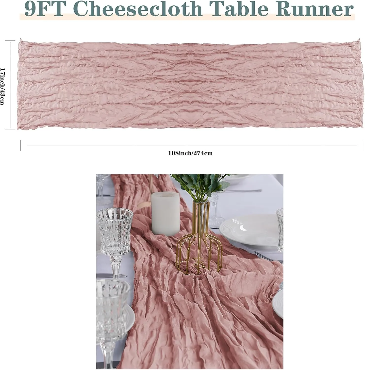 6 Pack Dusty Pink Cheesecloth Table Runner 9ft,17 x 108 inch Gauze Table Runners Rustic Romantic Wedding Runner for Wedding Bridal Shower Fall Decoration