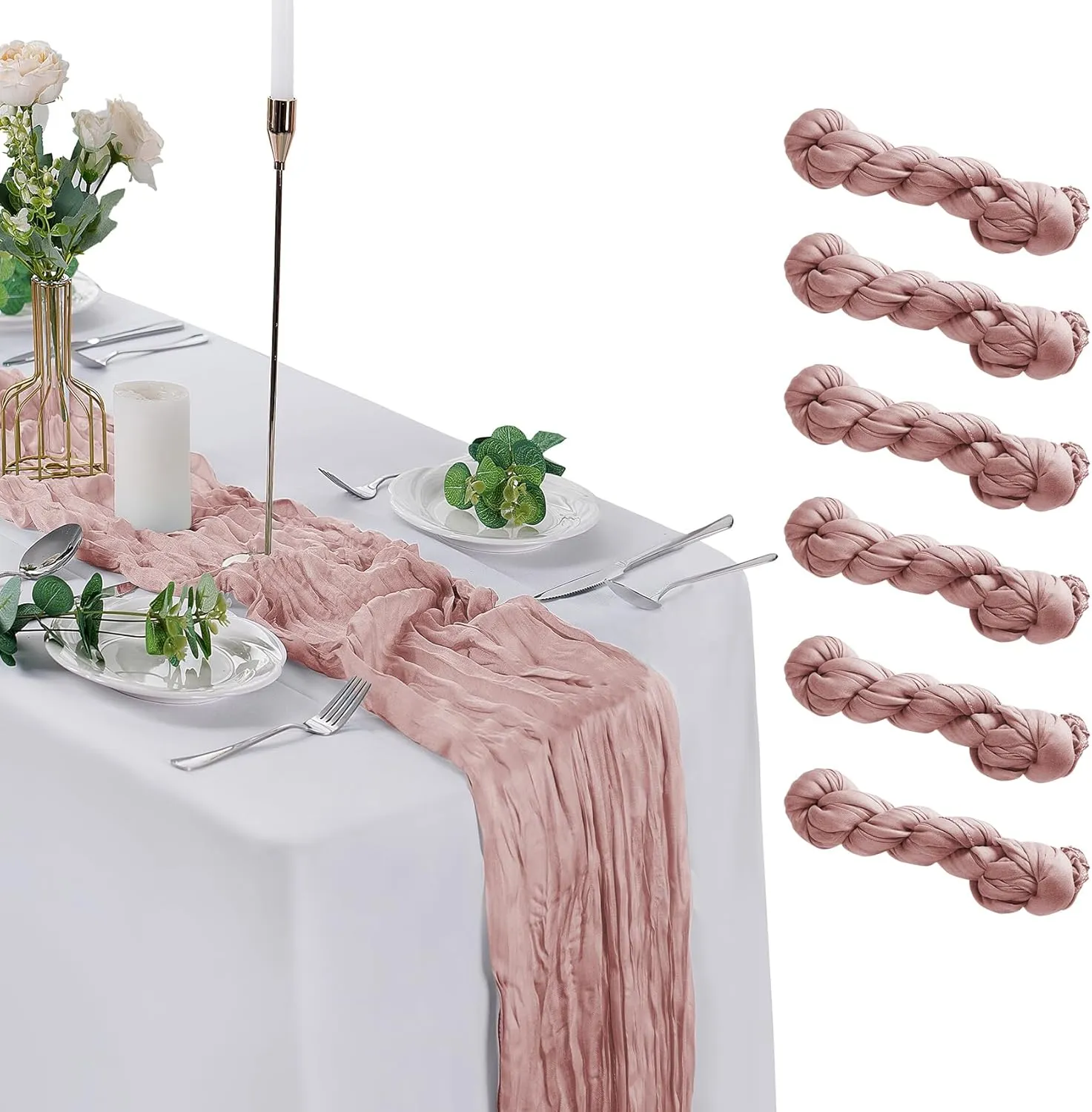 6 Pack Dusty Pink Cheesecloth Table Runner 9ft,17 x 108 inch Gauze Table Runners Rustic Romantic Wedding Runner for Wedding Bridal Shower Fall Decoration