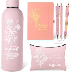 6 Pcs Team Employee Appreciation Gift Set Thank You Gifts with Frosted Double Wall Vacuum Stainless Steel Water Bottle, Printed Bag, and Pen A5 Notebook Set for Medical Assistants,Teachers