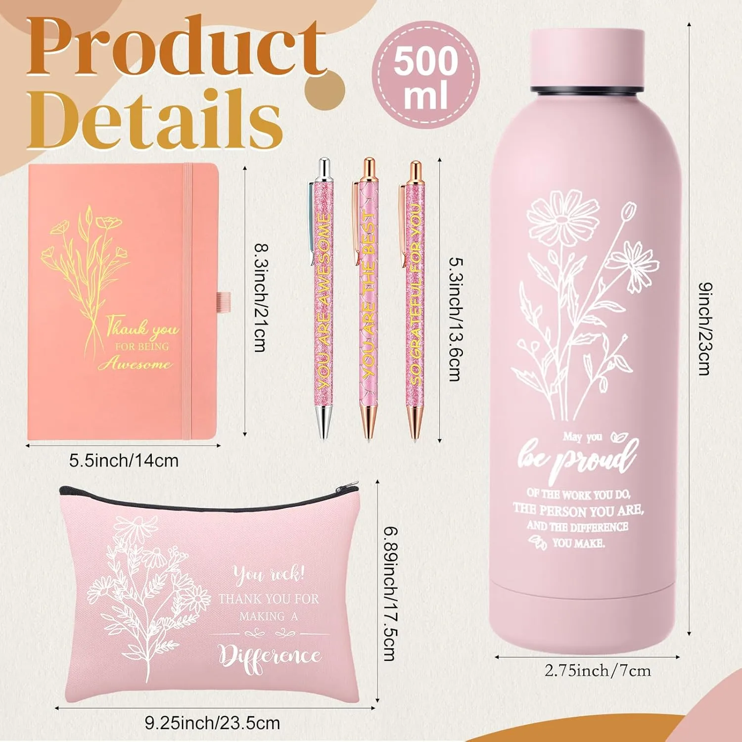 6 Pcs Team Employee Appreciation Gift Set Thank You Gifts with Frosted Double Wall Vacuum Stainless Steel Water Bottle, Printed Bag, and Pen A5 Notebook Set for Medical Assistants,Teachers