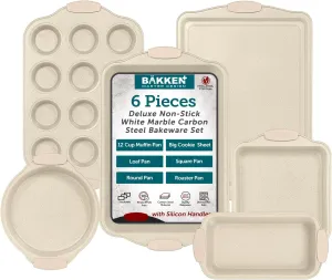 6-Piece Deluxe Nonstick Baking Pan Set - Professional Grade Carbon Steel Bakeware with White Marble Coating & Silicone Handles