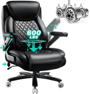 600LBS Large Heavy Duty Office Chair with 5D Flip Arms, Big and Tall Office Chair with Pocket Spring Cushion, Extra Wide Desk Chair with Adjustable Lumbar Support,Dual Rubber Wheel