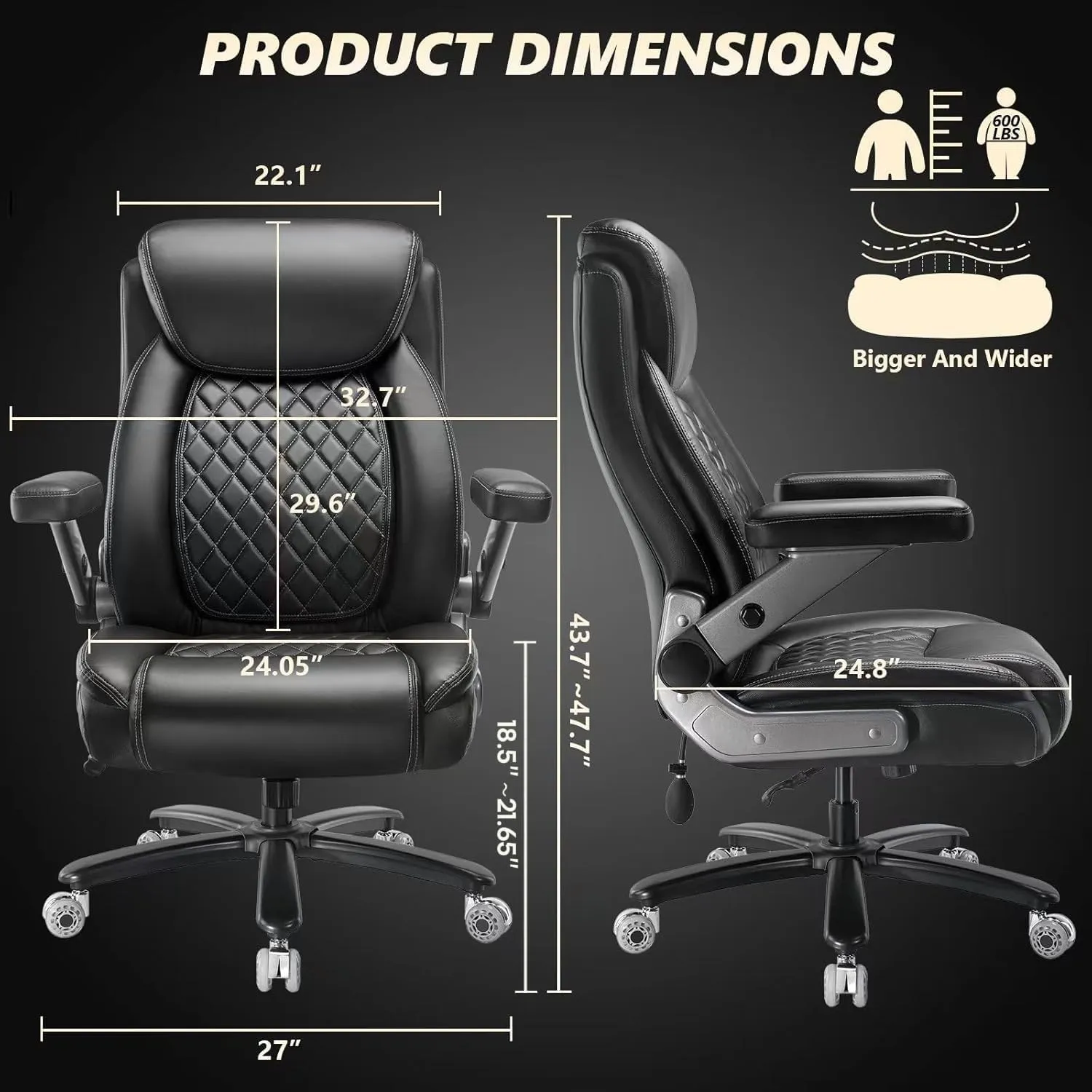 600LBS Large Heavy Duty Office Chair with 5D Flip Arms, Big and Tall Office Chair with Pocket Spring Cushion, Extra Wide Desk Chair with Adjustable Lumbar Support,Dual Rubber Wheel