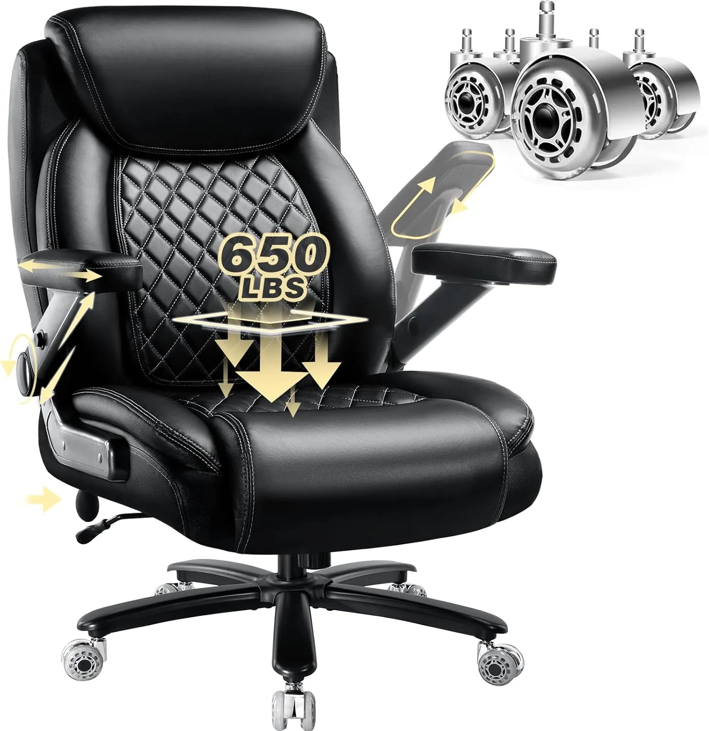 650LBS Large Heavy Duty Office Chair with 5D Flip Arms, Big and Tall Office Chair with Pocket Spring Cushion, High Back with Adjustable Lumbar Support,Dual Rubber Wheel