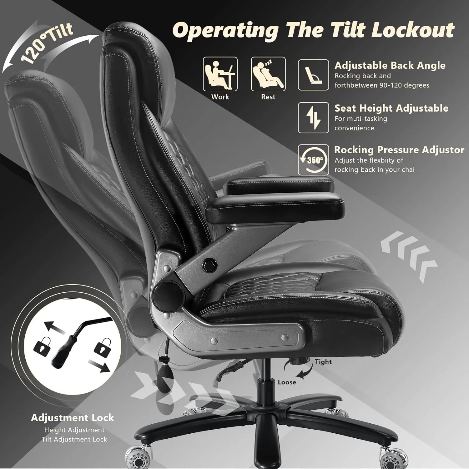 650LBS Large Heavy Duty Office Chair with 5D Flip Arms, Big and Tall Office Chair with Pocket Spring Cushion, High Back with Adjustable Lumbar Support,Dual Rubber Wheel