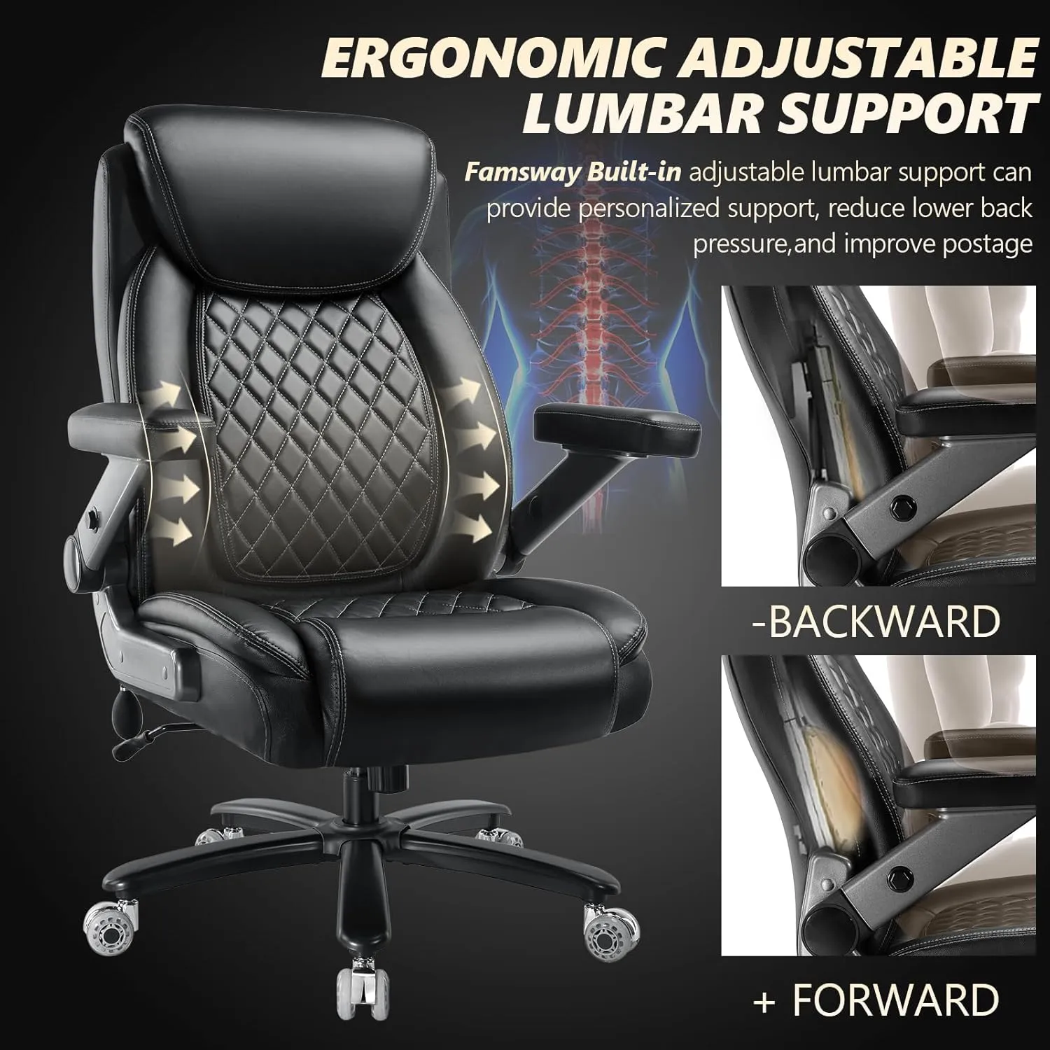 650LBS Large Heavy Duty Office Chair with 5D Flip Arms, Big and Tall Office Chair with Pocket Spring Cushion, High Back with Adjustable Lumbar Support,Dual Rubber Wheel