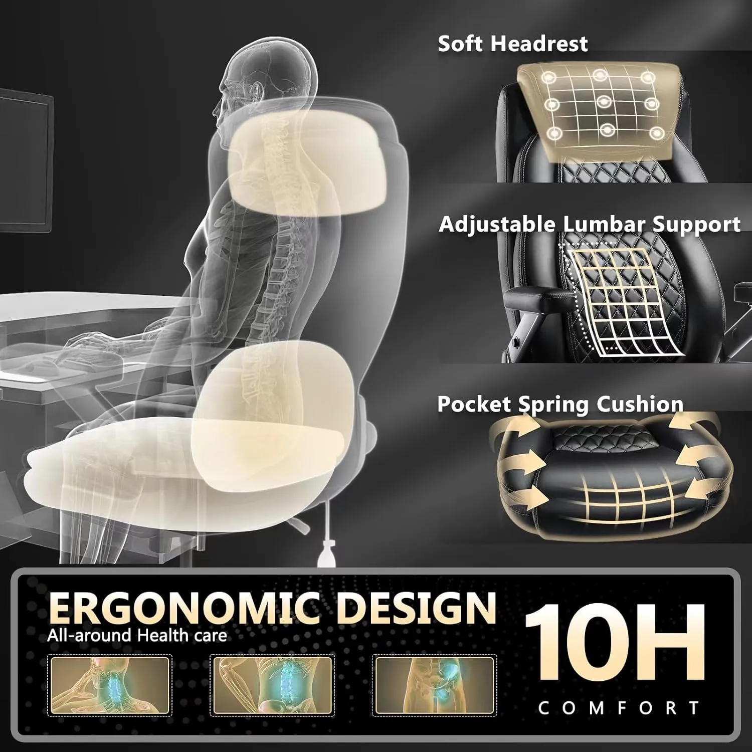 650LBS Large Heavy Duty Office Chair with 5D Flip Arms, Big and Tall Office Chair with Pocket Spring Cushion, High Back with Adjustable Lumbar Support,Dual Rubber Wheel