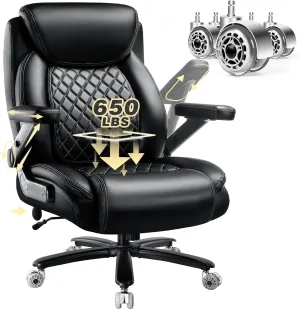 650LBS Large Heavy Duty Office Chair with 5D Flip Arms, Big and Tall Office Chair with Pocket Spring Cushion, High Back with Adjustable Lumbar Support,Dual Rubber Wheel