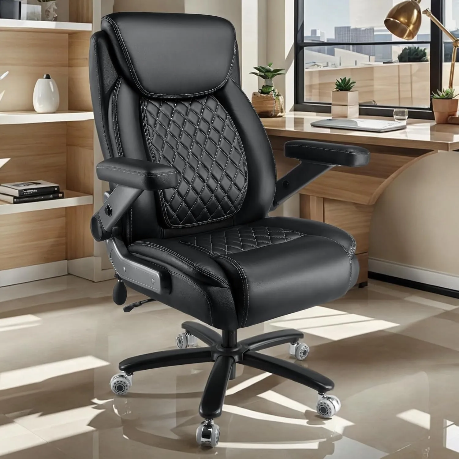 650LBS Large Heavy Duty Office Chair with 5D Flip Arms, Big and Tall Office Chair with Pocket Spring Cushion, High Back with Adjustable Lumbar Support,Dual Rubber Wheel