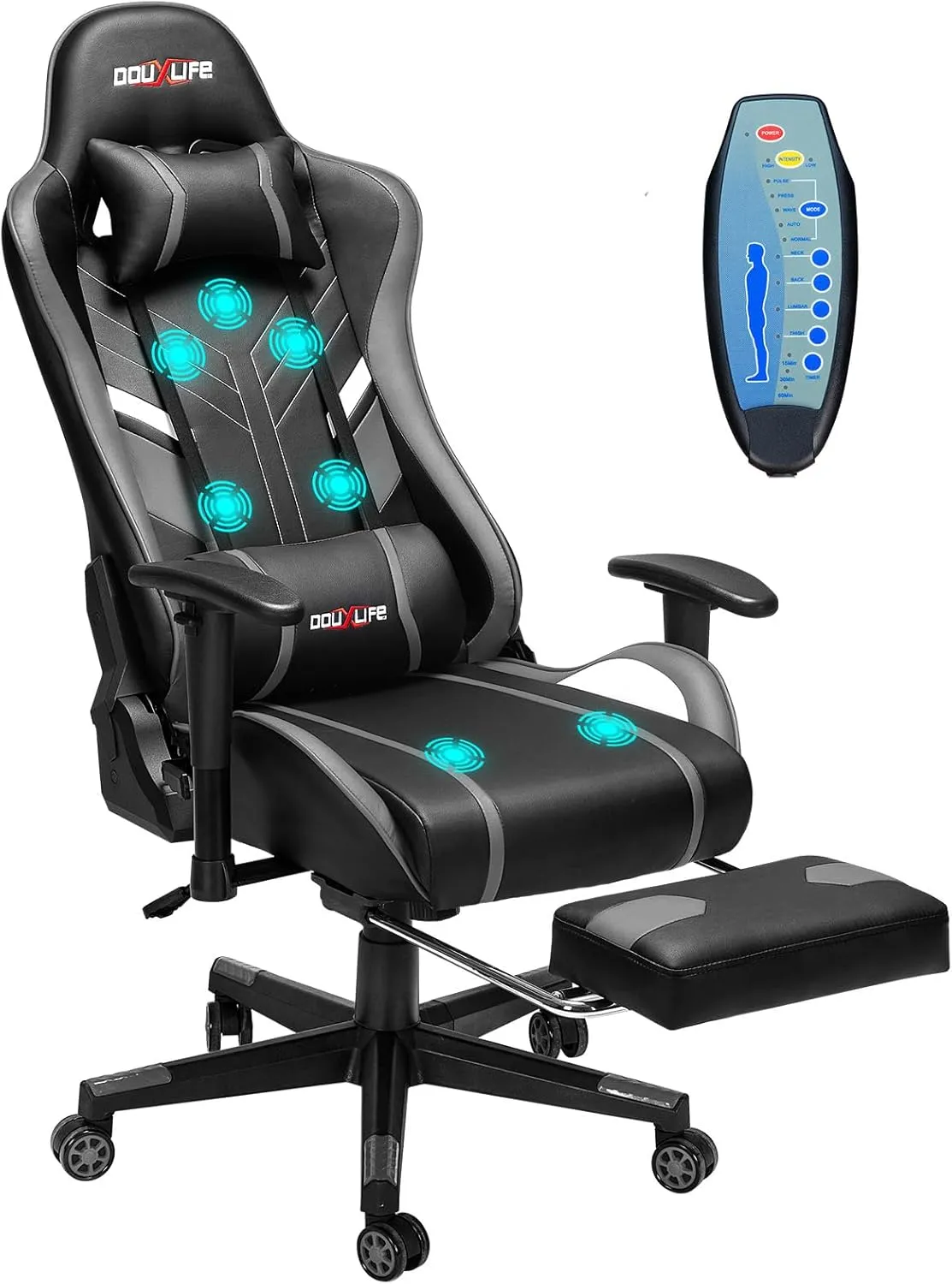 7-Point Massage Gaming Chair, 175° Gaming Recliner with Footrest Ergonomic Computer Gaming Office Chair High Back Video Game Chair with Lumbar Support, Upgraded Version Grey