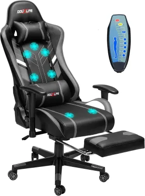 7-Point Massage Gaming Chair, 175° Gaming Recliner with Footrest Ergonomic Computer Gaming Office Chair High Back Video Game Chair with Lumbar Support, Upgraded Version Grey