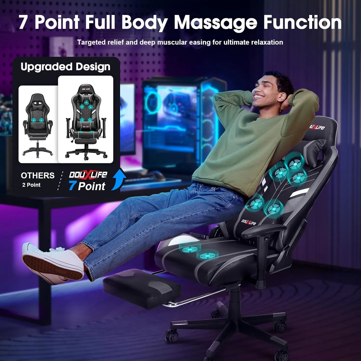 7-Point Massage Gaming Chair, 175° Gaming Recliner with Footrest Ergonomic Computer Gaming Office Chair High Back Video Game Chair with Lumbar Support, Upgraded Version Grey