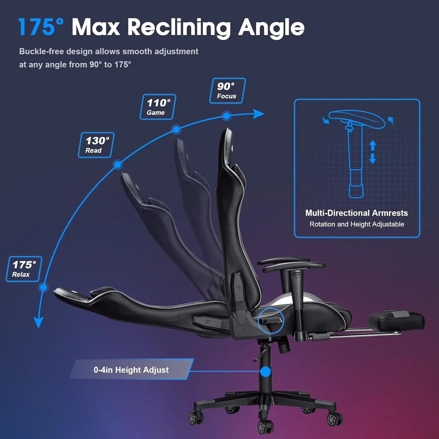 7-Point Massage Gaming Chair, 175° Gaming Recliner with Footrest Ergonomic Computer Gaming Office Chair High Back Video Game Chair with Lumbar Support, Upgraded Version Grey