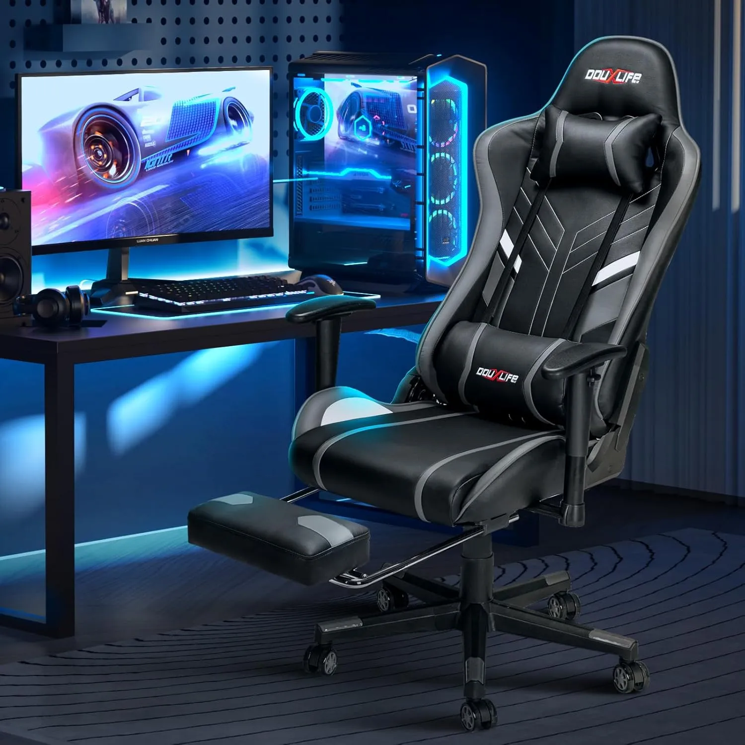 7-Point Massage Gaming Chair, 175° Gaming Recliner with Footrest Ergonomic Computer Gaming Office Chair High Back Video Game Chair with Lumbar Support, Upgraded Version Grey