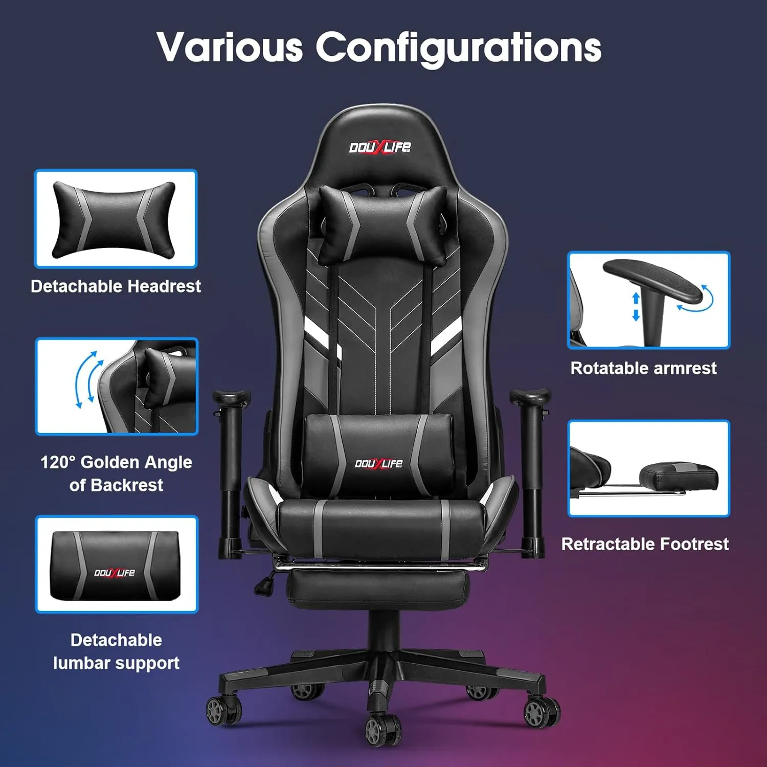 7-Point Massage Gaming Chair, 175° Gaming Recliner with Footrest Ergonomic Computer Gaming Office Chair High Back Video Game Chair with Lumbar Support, Upgraded Version Grey