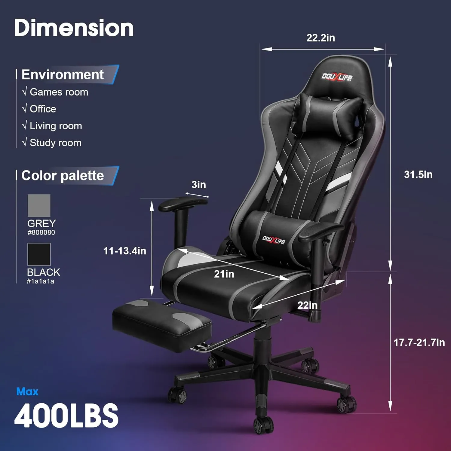 7-Point Massage Gaming Chair, 175° Gaming Recliner with Footrest Ergonomic Computer Gaming Office Chair High Back Video Game Chair with Lumbar Support, Upgraded Version Grey