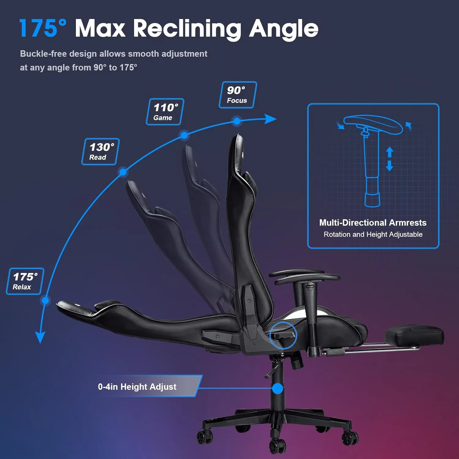 7-Point Massage Gaming Chair, 175° Gaming Recliner with Footrest Ergonomic Computer Office Chair High Back Video Game Chair with Lumbar Support, Upgraded Version, Black