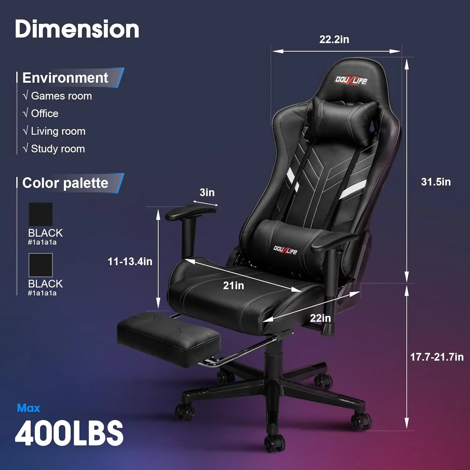 7-Point Massage Gaming Chair, 175° Gaming Recliner with Footrest Ergonomic Computer Office Chair High Back Video Game Chair with Lumbar Support, Upgraded Version, Black