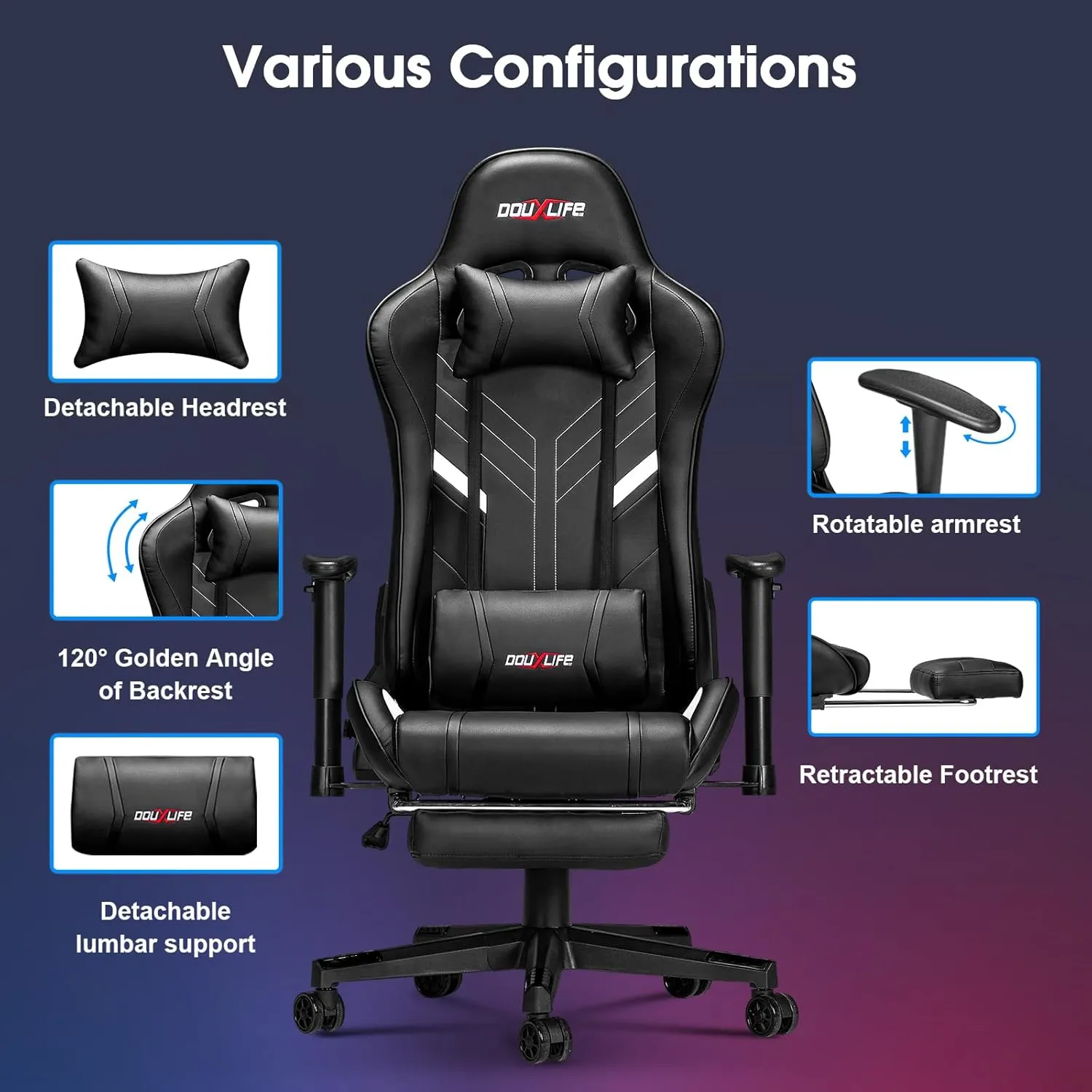 7-Point Massage Gaming Chair, 175° Gaming Recliner with Footrest Ergonomic Computer Office Chair High Back Video Game Chair with Lumbar Support, Upgraded Version, Black