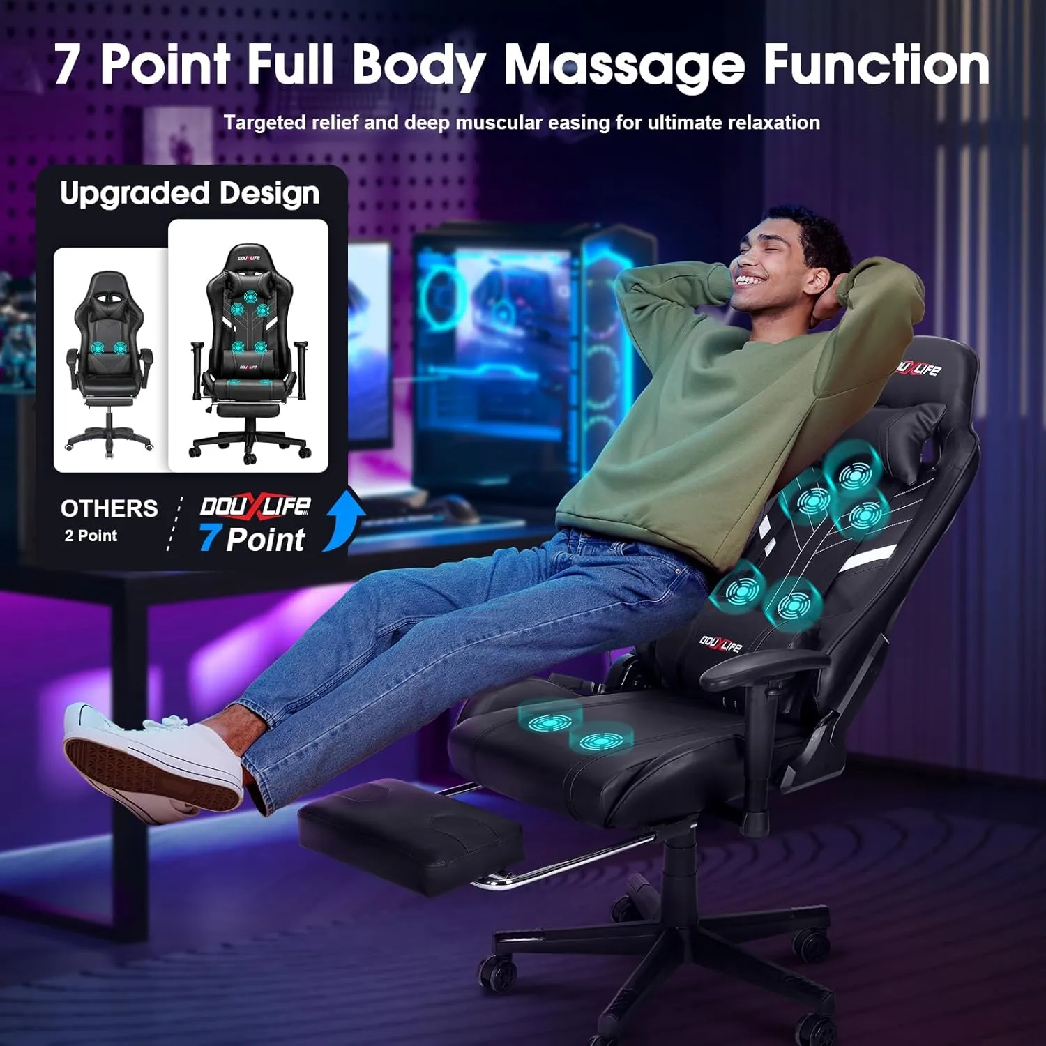 7-Point Massage Gaming Chair, 175° Gaming Recliner with Footrest Ergonomic Computer Office Chair High Back Video Game Chair with Lumbar Support, Upgraded Version, Black