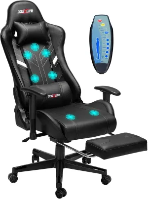 7-Point Massage Gaming Chair, 175° Gaming Recliner with Footrest Ergonomic Computer Office Chair High Back Video Game Chair with Lumbar Support, Upgraded Version, Black