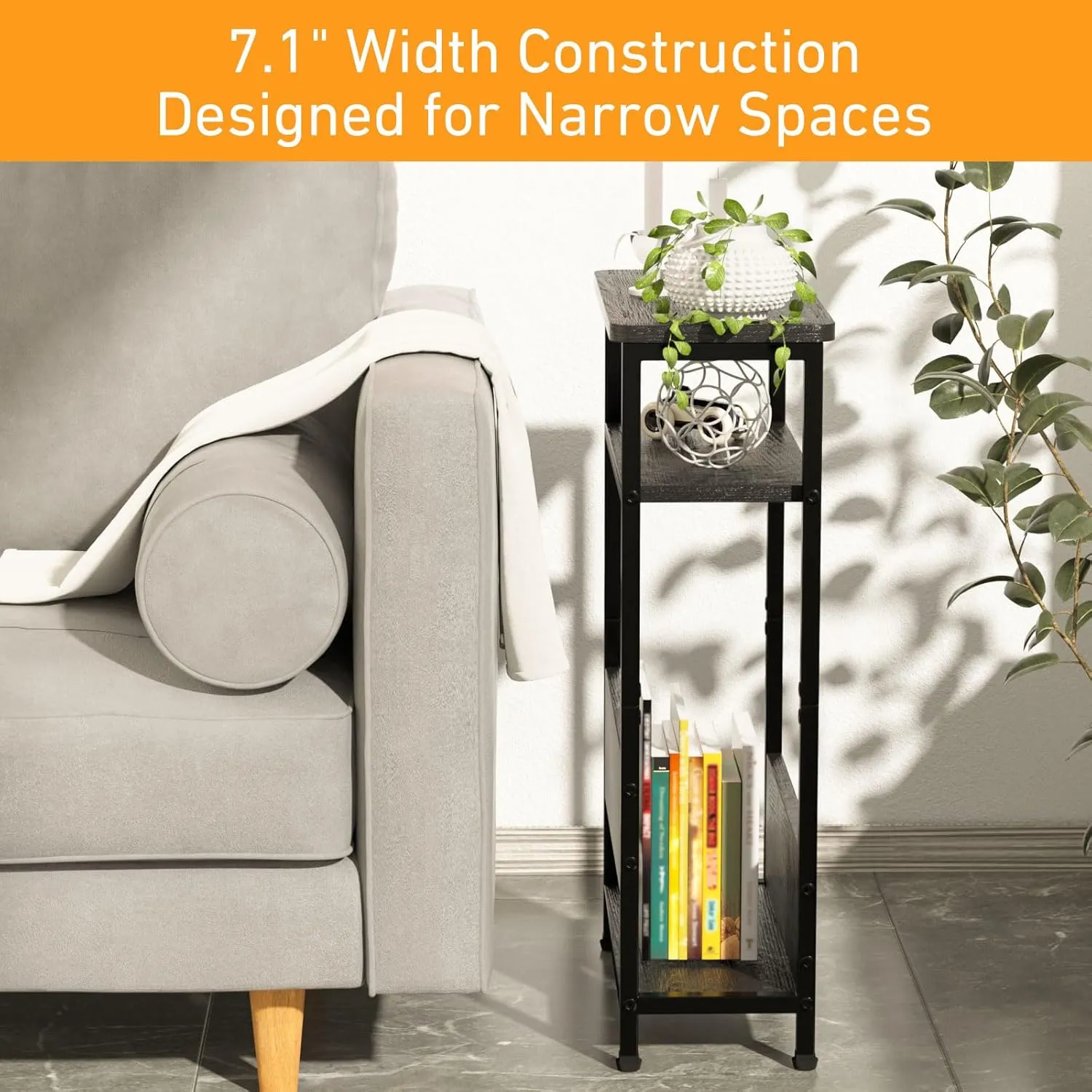 7.1" Narrow Side Table for Small Spaces, 3 Tier Small End Table with Magazine Holder, Slim/Skinny Nightstand/Bedside Table for Living Room, Bedroom, 15.4" L x 24.2" H, Black