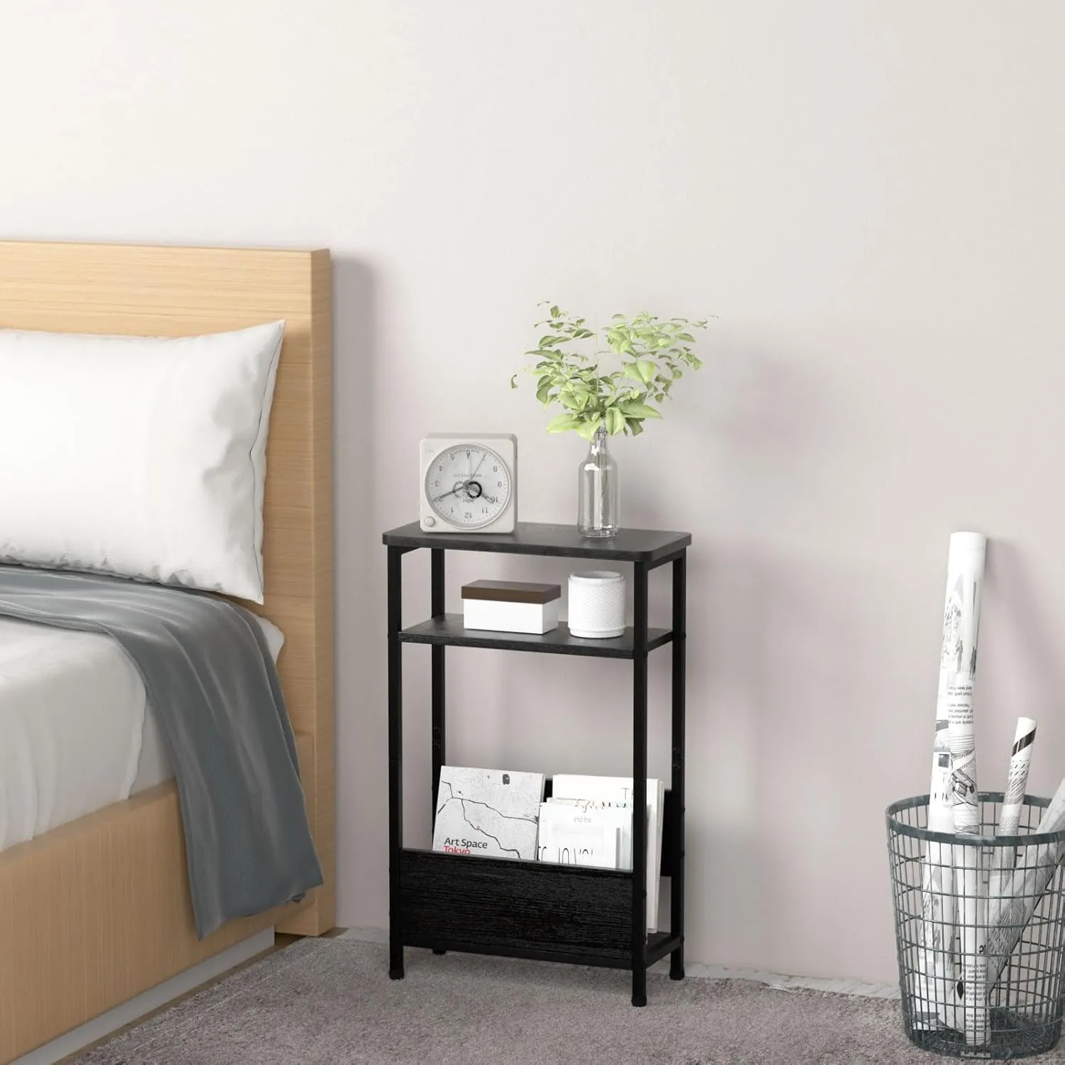 7.1" Narrow Side Table for Small Spaces, 3 Tier Small End Table with Magazine Holder, Slim/Skinny Nightstand/Bedside Table for Living Room, Bedroom, 15.4" L x 24.2" H, Black