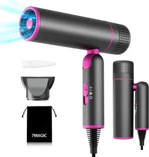 7MAGIC Foldable Hair Dryer, Powerful Ionic Blow Dryer for Fast Drying, Travel Hair Blow Dryer with Storage Bag, Lightweight Portable Hairdryer for Women, Cold/2 Heating/2 Speed Settings, Grey