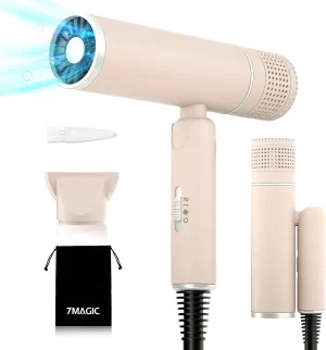 7MAGIC Foldable Hair Dryer, Powerful Ionic Blow Dryer for Fast Drying, Travel Hair Blow Dryer with Storage Bag, Lightweight Portable Hairdryer for Women, Cold/2 Heating/2 Speed Settings, Pink