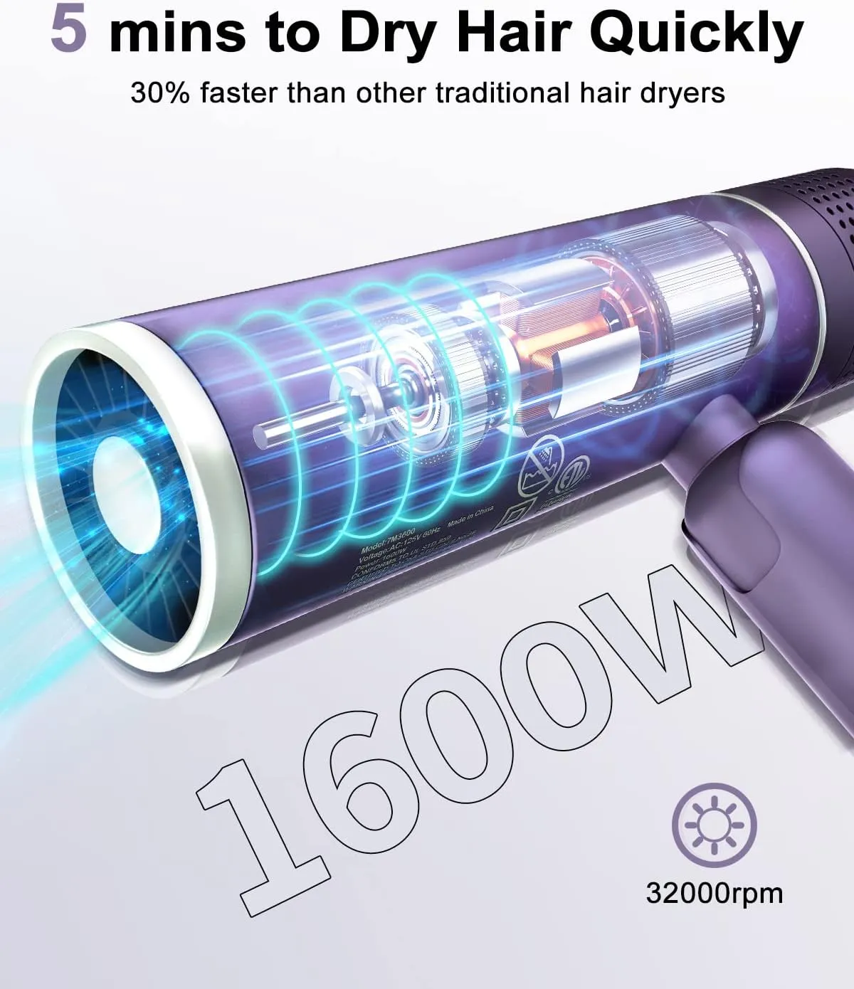 7MAGIC Foldable Hair Dryer, Powerful Ionic Blow Dryer for Fast Drying, Travel Hair Blow Dryer with Storage Bag, Lightweight Portable Hairdryer for Women, Cold/2 Heating/2 Speed Settings, Purple