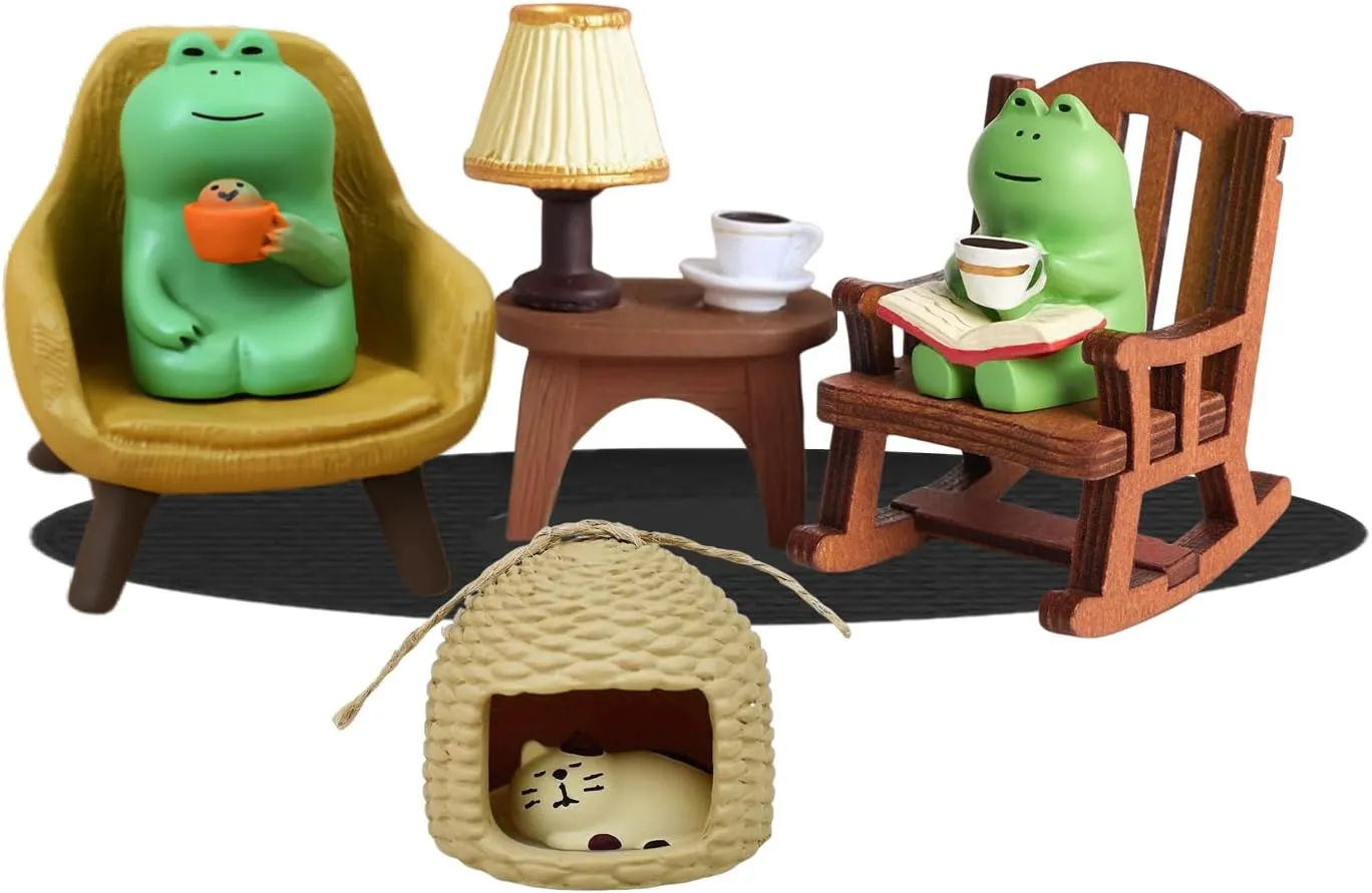 8-Piece Cute Frog and Cat Figurines Set with Mini Sofa Chair, Cat Bed, and Whimsical Trinkets - Versatile Decor for Home, Office, Patio, and Lawn