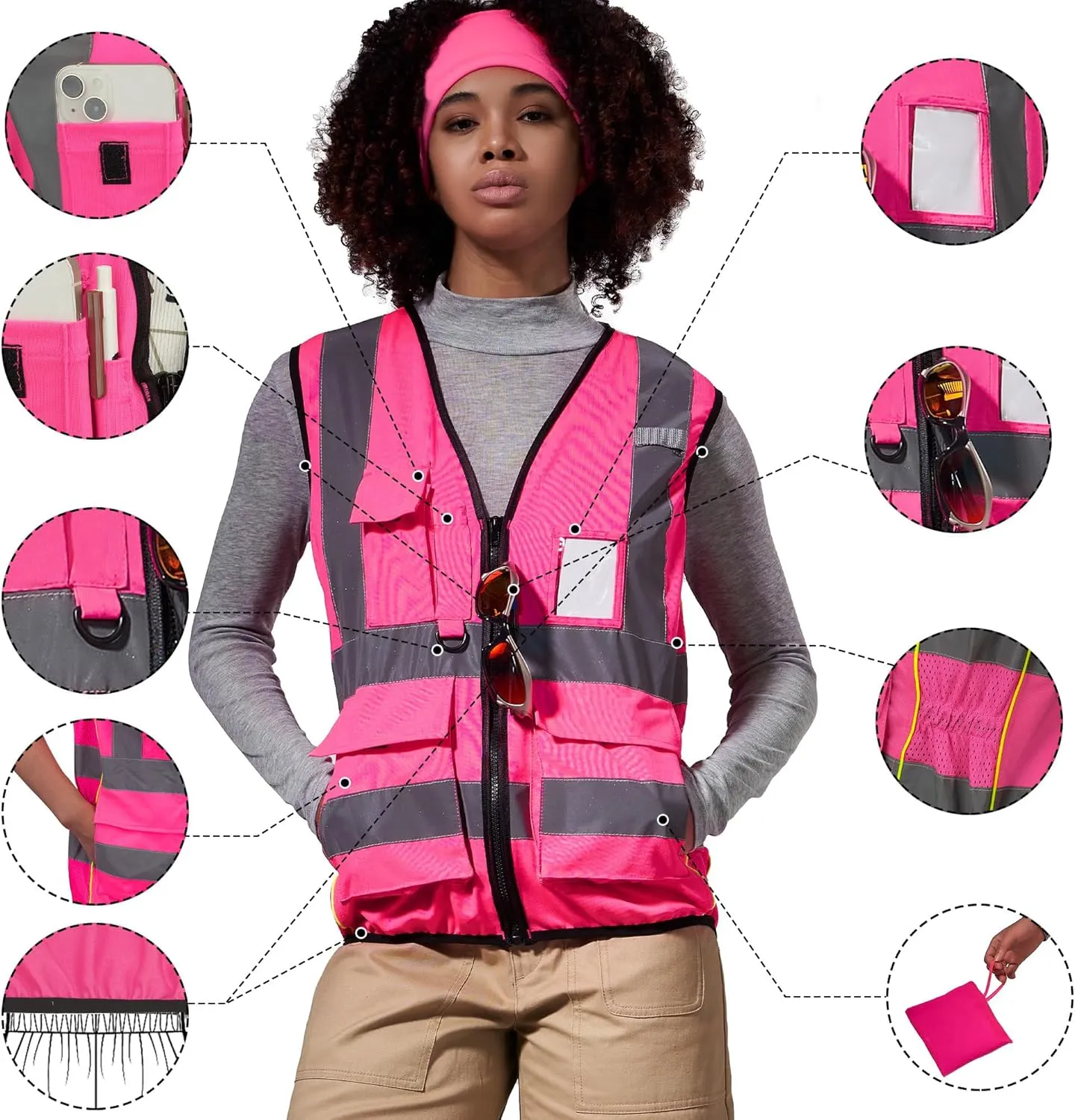 A-SAFETY High Vis Safety Vest for Women - Reflective Strips, Multi-Pockets, Zipper Closure