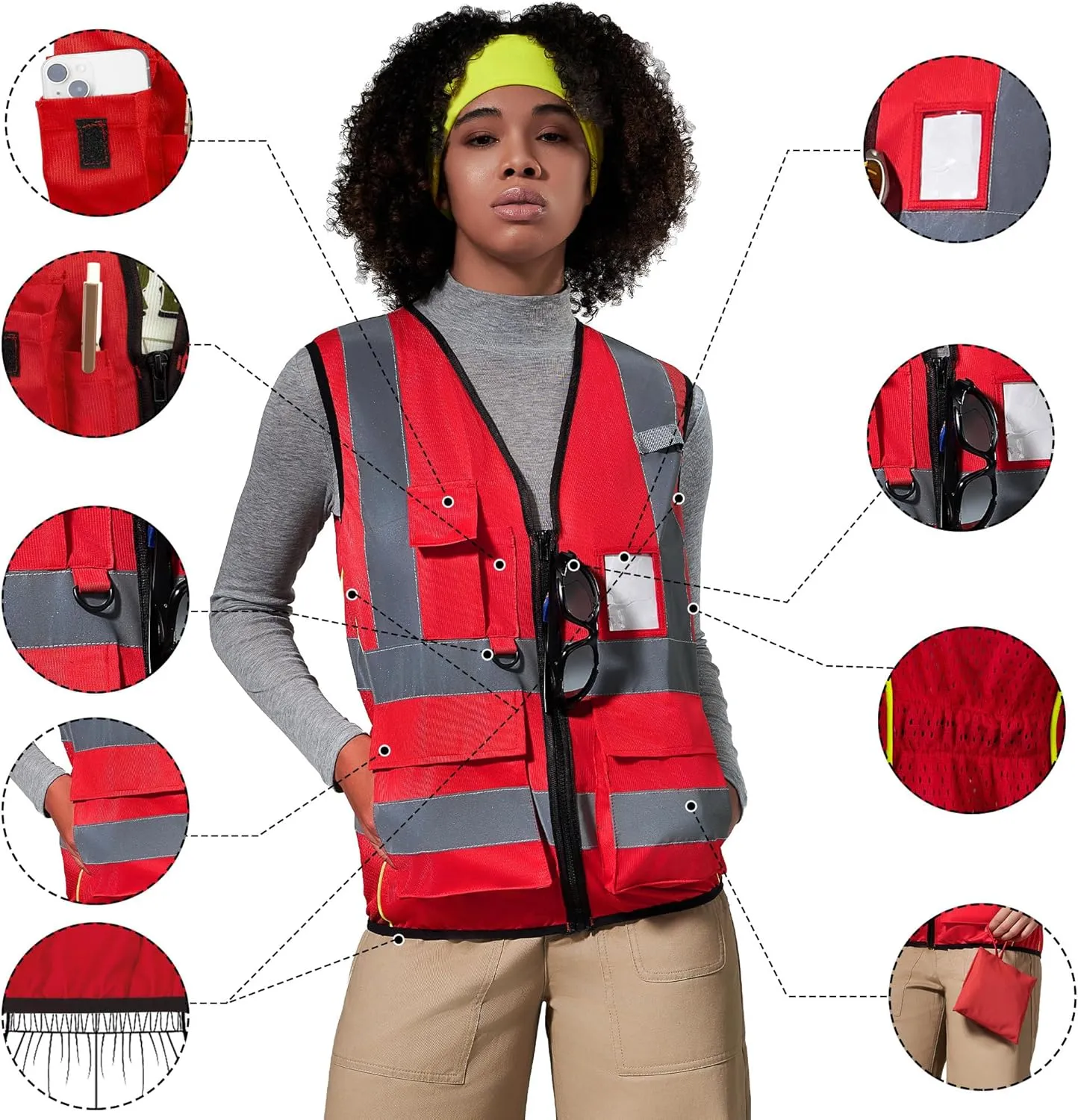 A-SAFETY High Vis Safety Vest for Women - Reflective Strips, Multi-Pockets, Zipper Closure