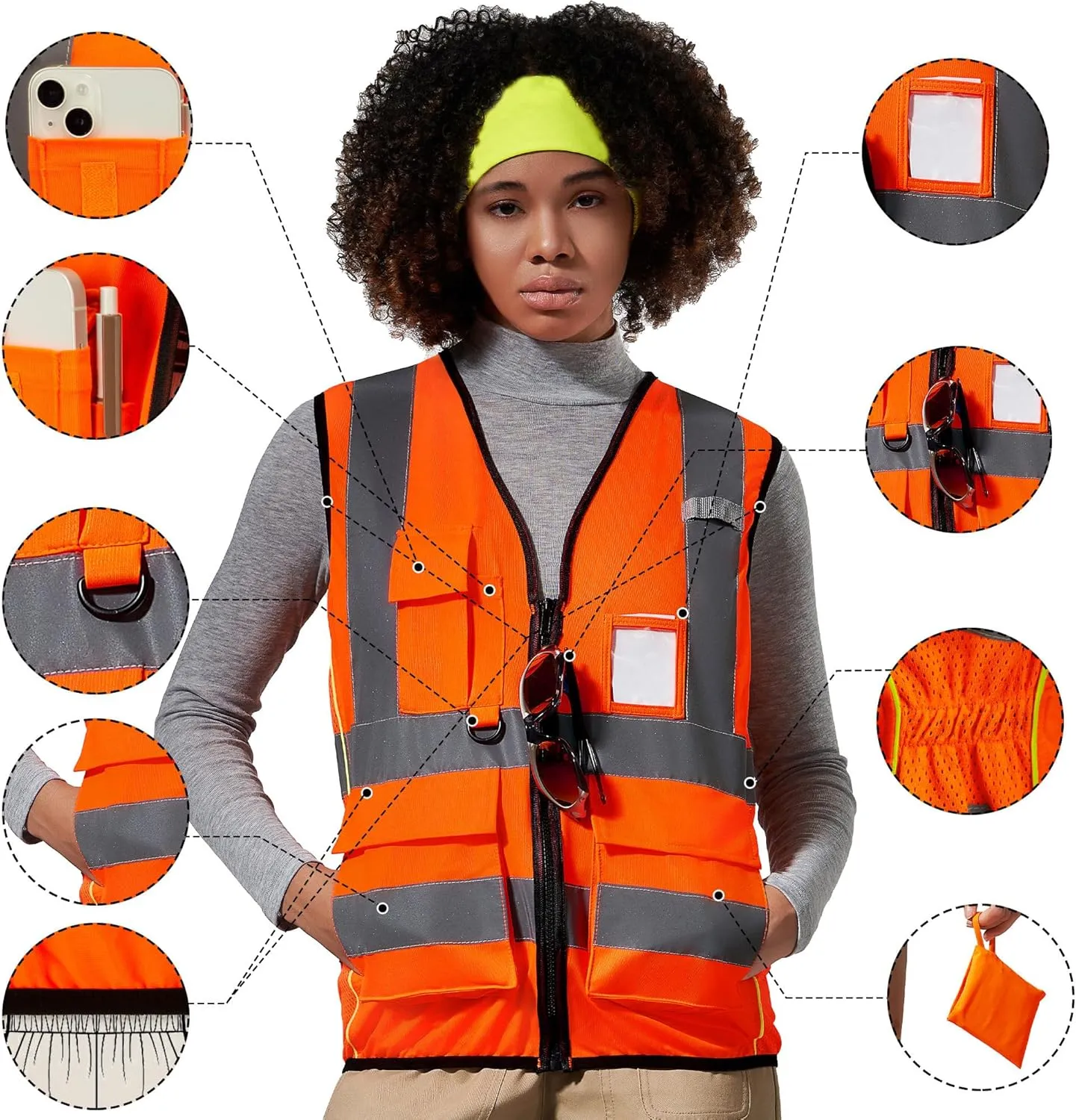 A-SAFETY High Vis Safety Vest for Women - Reflective Strips, Multi-Pockets, Zipper Closure