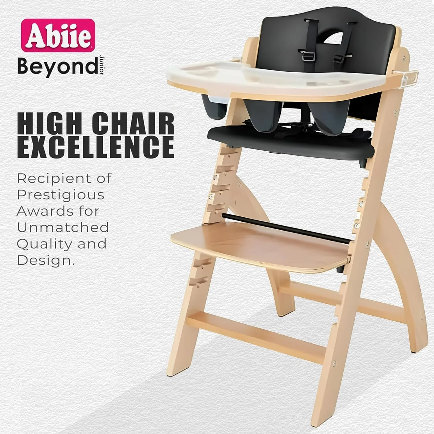 Abiie Beyond Junior Wooden High Chair with Tray - Adjustable and Convertible High Chair for Babies and Toddlers - 6 Months to 250 Lb - Water Resistant - Natural Wood with Black Pearl Cushion